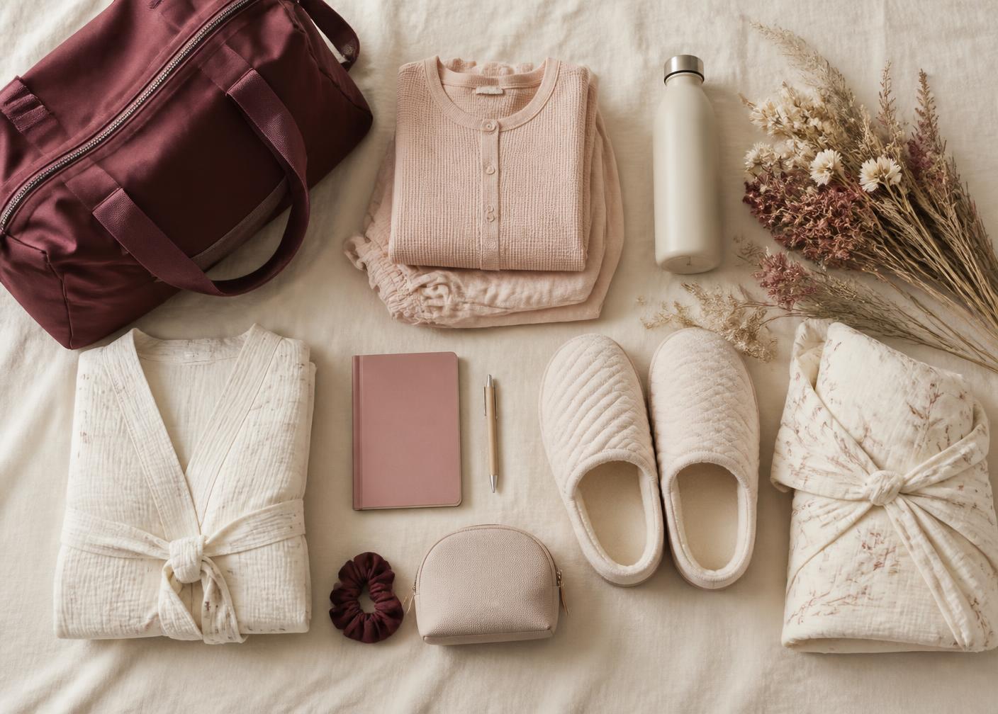 Neatly packed hospital bag essentials laid out on cream linen