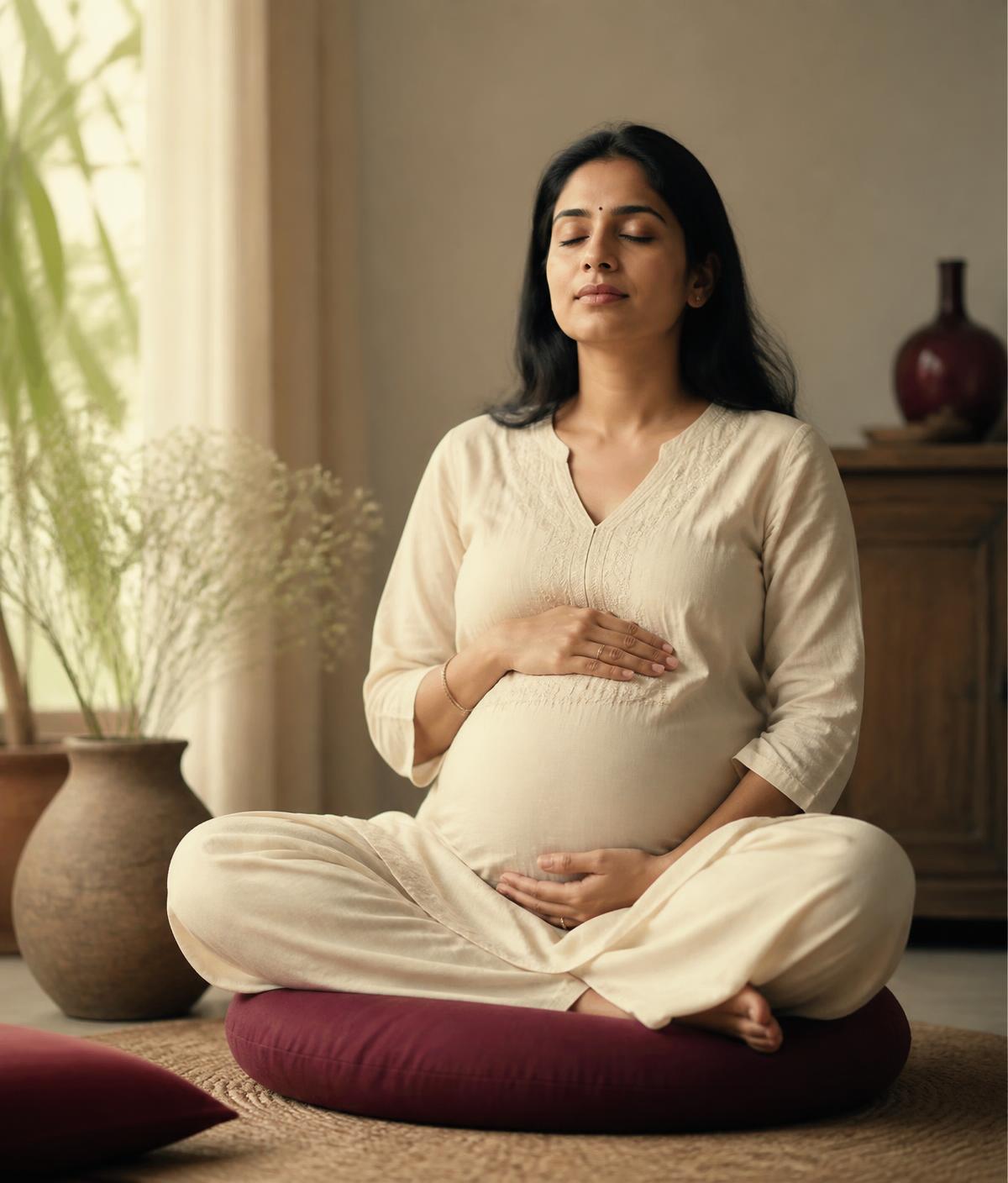 Expecting mother practising calm breathing while seated