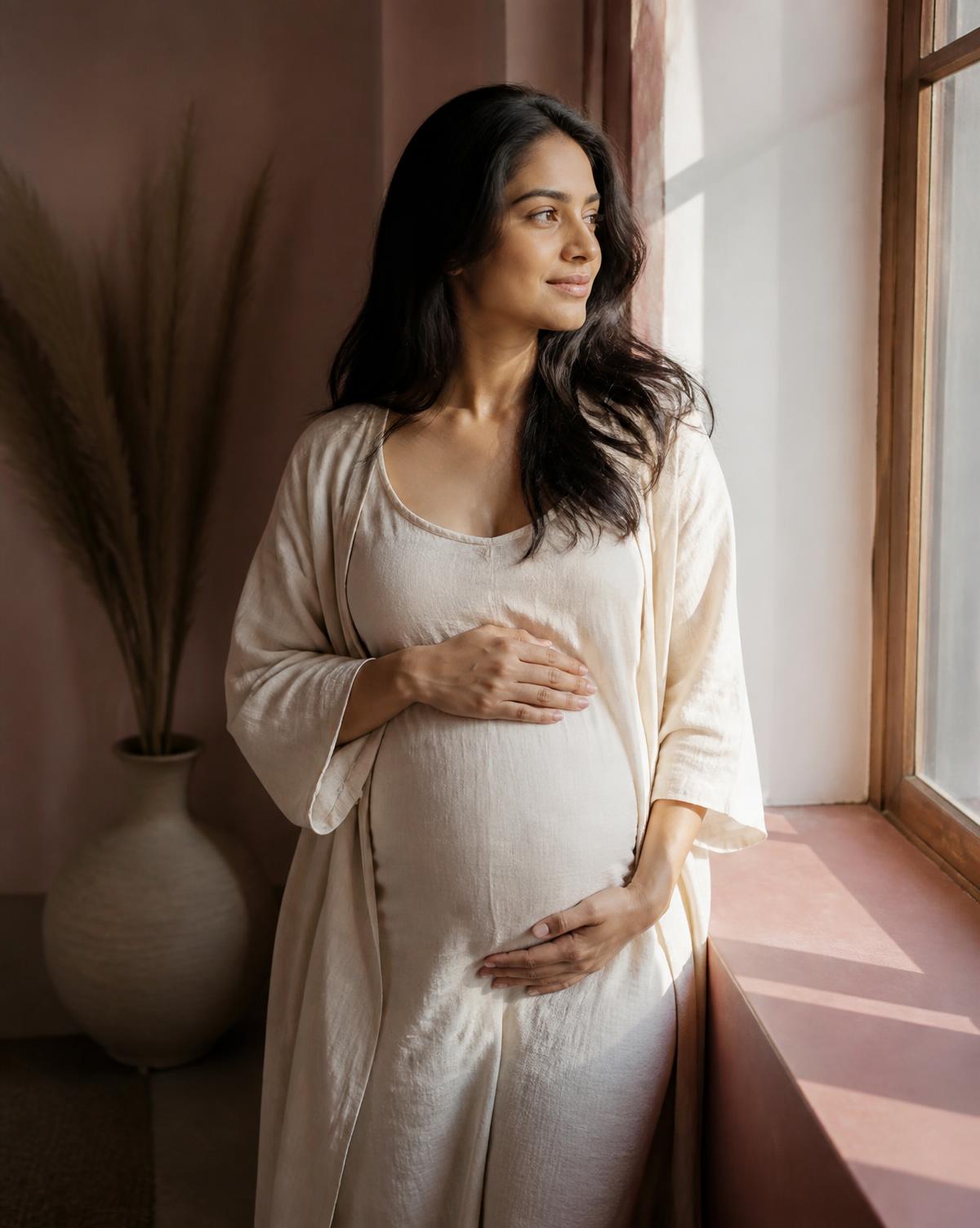 Expecting mother resting a hand on her belly by a sunlit window